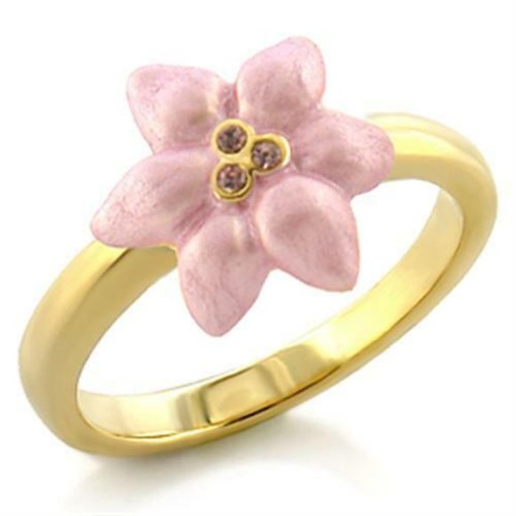 Gold Pink Plumeria Flower Ring Size 6 8 Crystal Yellow Plated Island Tropical - Picture 2 of 10